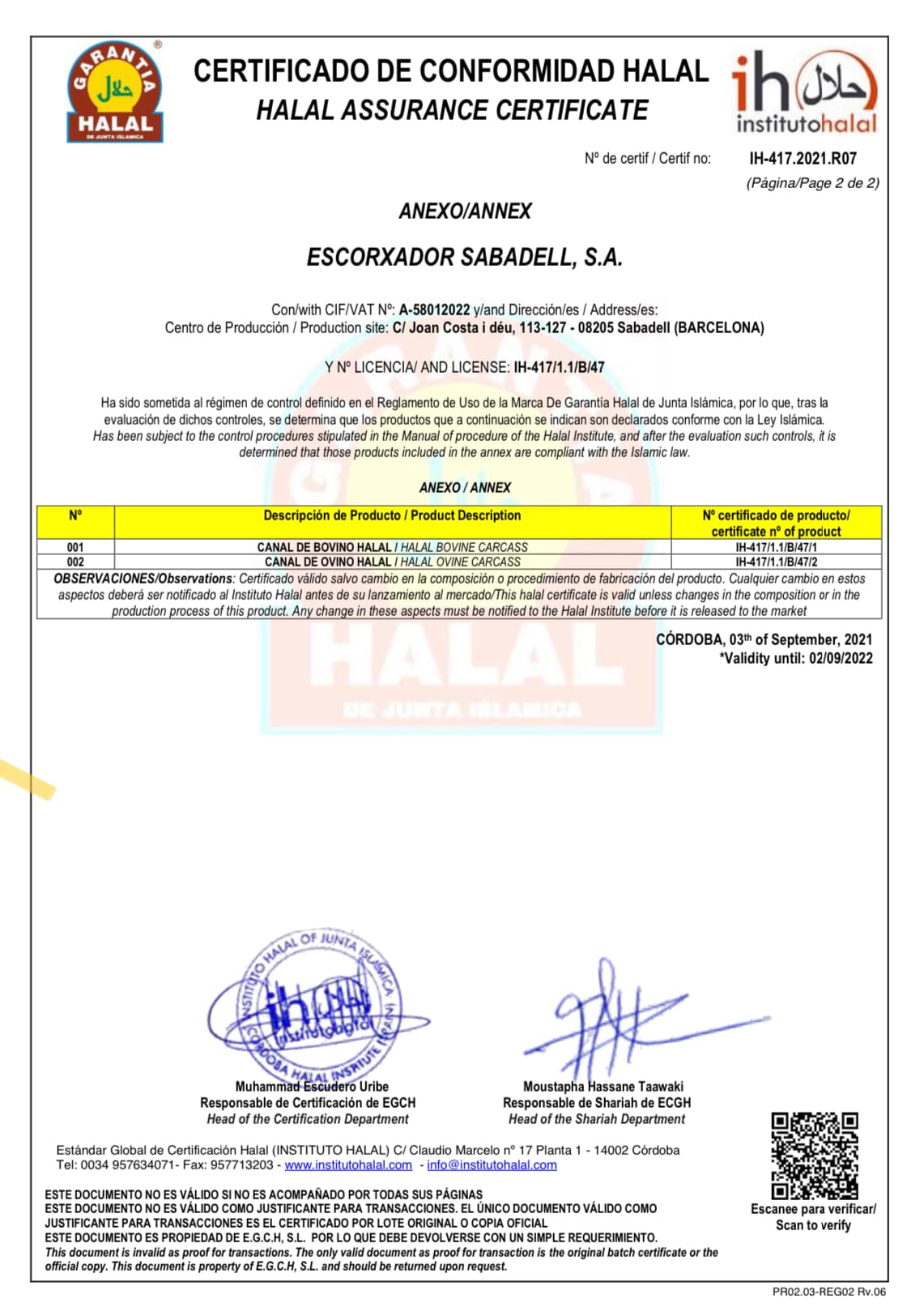 Certificado de conformidad halal
